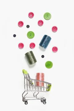 Sewing items flat lays from above Stock Photos