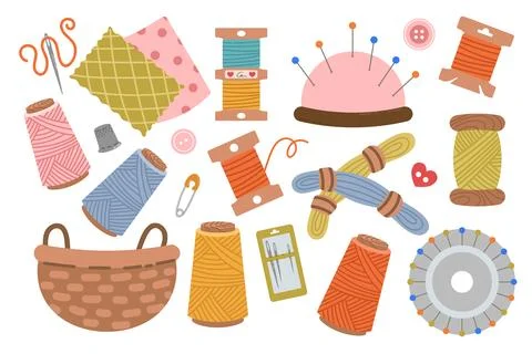 Sewing kit, a collection of hand-drawn flat-style sewing tools and accessorie Stock Illustration