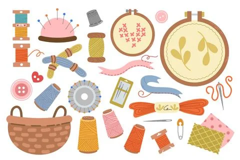 Sewing kit, a collection of hand-drawn flat-style sewing tools and accessorie Stock Illustration