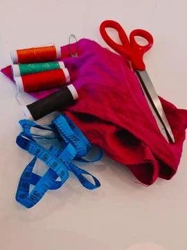 Sewing kit with fabric and threads Foto stock
