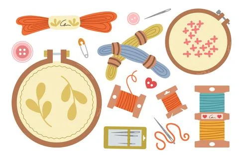 Sewing kit featuring a collection of hand-drawn flat tools and accessories fo Stock Illustration