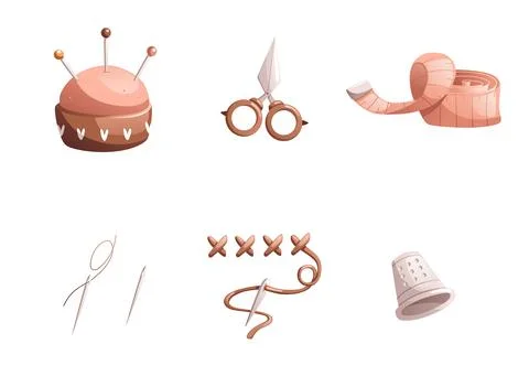 Sewing kit includes a scissors, meter tape, thread, needle, sponge. Detailed  Stock Illustration