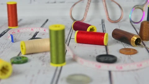 Sewing Kit, Sewing Scissors, Bobbins With Thread, Pincushion With Needles Stock Footage 161286228