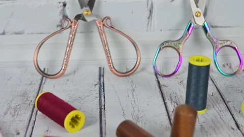 Sewing Kit, Sewing Scissors, Bobbins With Thread, Pincushion With Needles Stock Footage 161286251