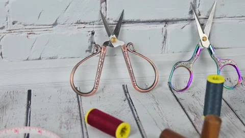 Sewing Kit, Sewing Scissors, Bobbins With Thread, Pincushion With Needles Stock Footage 161286257