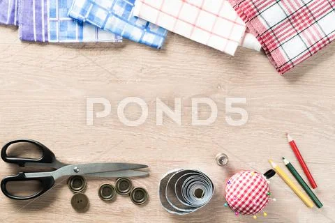 Sewing kit on table Stock Photos