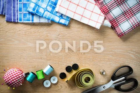 Sewing kit on table Stock Photos