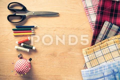 Sewing kit on table Stock Photos