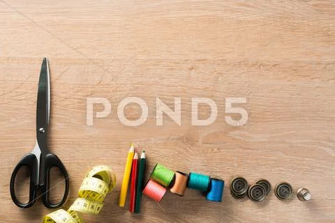 Sewing kit on table Stock Photos