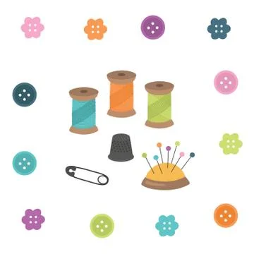 Sewing kit. Thread, thimble, needle, pin, button. Stock Illustration