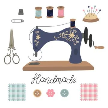 Sewing kit. Vintage vector tailor s tools scissors, sewing machine, pins Stock Illustration