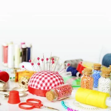 Sewing kit on white background Foto stock