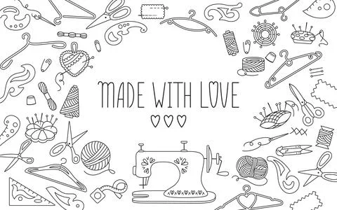 Sewing line tools background made with love vector Stock Illustration