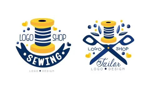 Sewing Logo Design Set, Tailor Shop Hand Drawn Labels Vector Illustration Stock Illustration