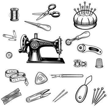 Sewing machine with 18 tailoring accessories Stock Illustration