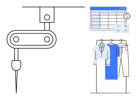 Sewing machine in action beside budget calculation spreadsheet and hanging ga Stock Illustration
