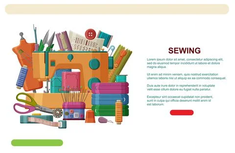 Sewing machine and mannequin, threads, needles and scissors. Sewing web banner Stock Illustration