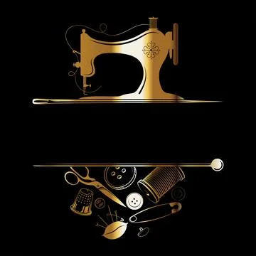 Sewing machine and needle scissors pin. Golden design for sewing and cutting Stock Illustration