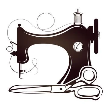 Sewing machine and scissors symbol for sewing and cutting 库存插图