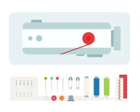 Sewing machine and sewing tool kit vector icon flat isolated Stock Illustration