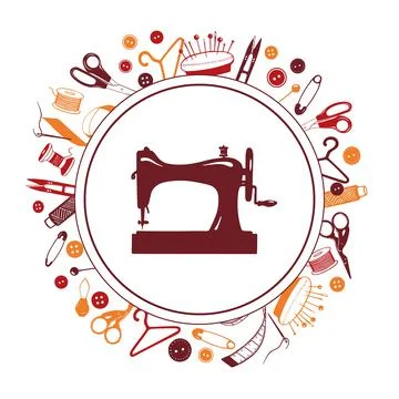 Sewing Machine and Tools, Hand Drawn Elements. Vector round frame for seamstr Illustrazione stock