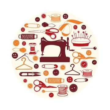 Sewing Machine and Tools, Hand Drawn Elements. Vector round frame for seamstr Stock Illustration