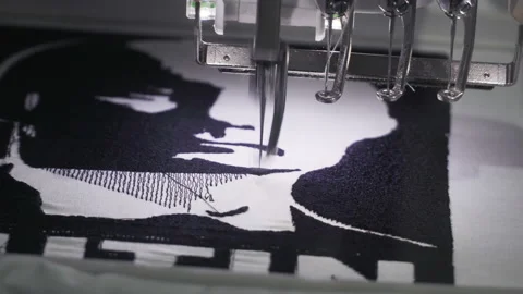 Sewing machine draws a portrait of Putin Stock Footage 89356176