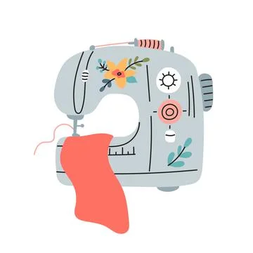 Sewing machine with fabric and thread, vector illustration in flat cartoon Illustrazione stock