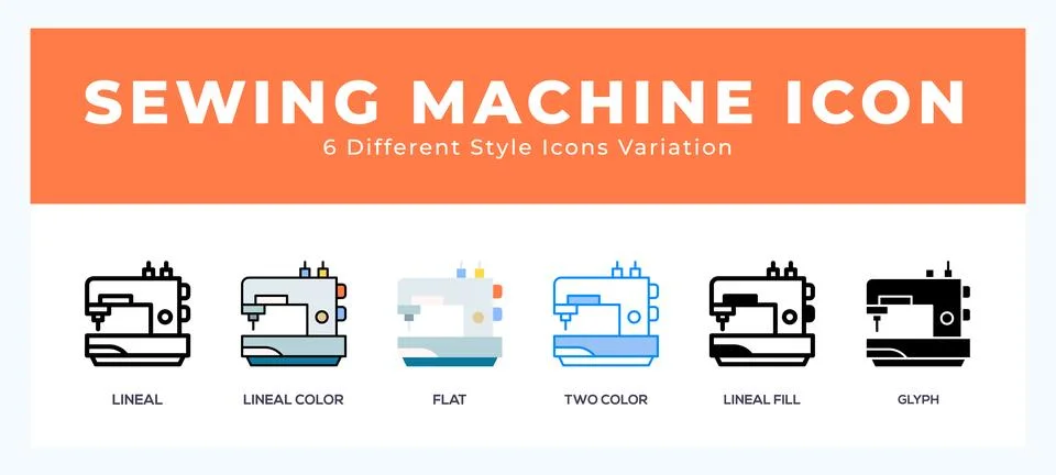 Sewing machine icon set. outline. glyph black. flat color and filled line col Illustrazione stock