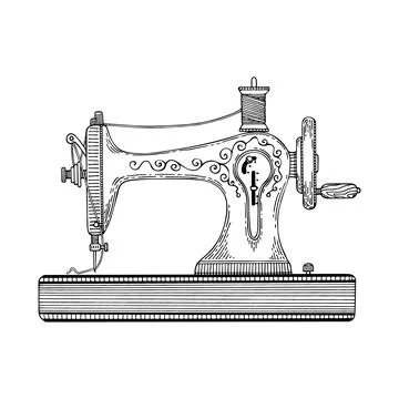 Sewing machine line art. Tailoring, factory, atelier. Vintage sewing tool. Ta Stock-Illustration
