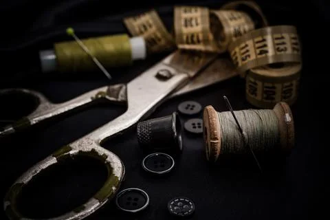 Sewing machine. Needle and thread. Thimble. Scissors. Sewing tools Stock Photos
