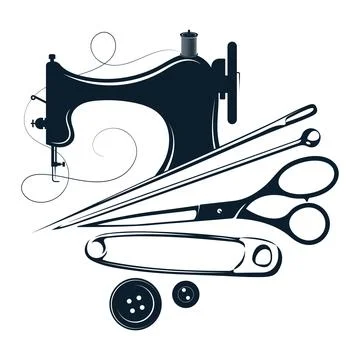 Sewing machine, needle, spool of thread and buttons Stock Illustration