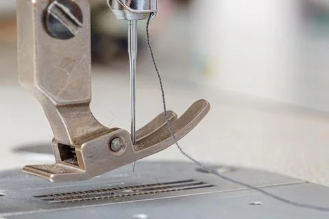 Sewing machine needle with thread and fabric Stock Photos