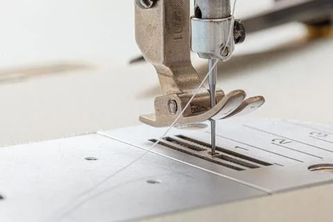 Sewing machine needle with thread and fabric Stock Photos