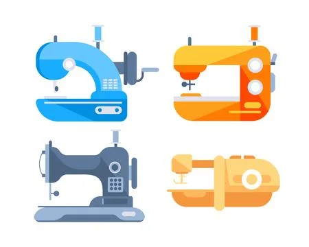 Sewing Machine Set. Mechanical devices for stitching fabric. Fashion pin craft Stock Illustration