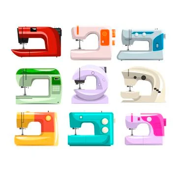 Sewing machine set, modern machine in different colors vector Illustrations on a Illustrazione stock