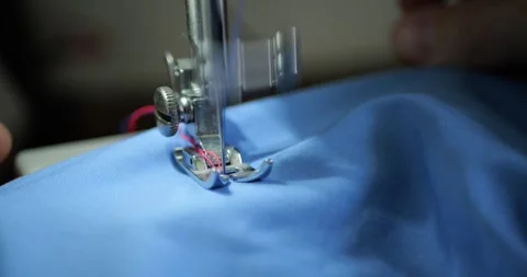 Sewing Machine Start Close Up Blue Dress Fabric Stitched Mechanisms Operating Stock Footage 321808778