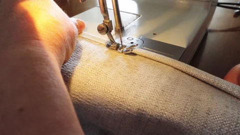 Sewing machine when making curtains - stitching - fabric - hem Stock Footage 106757260