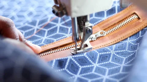 Sewing machine working on leather, close up view Stock Footage 306674028