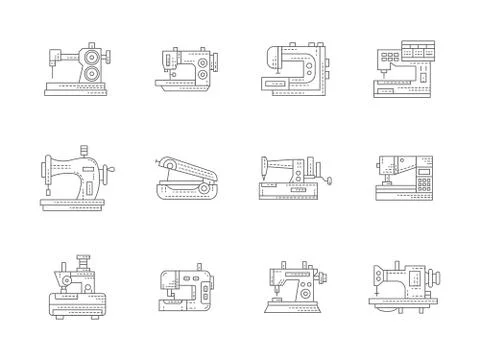 Sewing machines flat line vector icons set Illustrazione stock