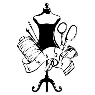 Sewing mannequin needle scissors and spool of thread design Stockillustratie