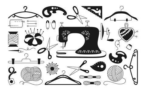 Sewing monochrome set thread scissors pin vector Stock Illustration