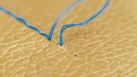 Sewing needle with a blue thread makes a line on the yellow natural skin Video stock 82694428