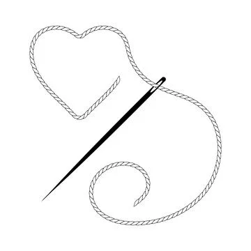 Sewing needle diagonal with thread forming heart and spiral pattern Stock Illustration
