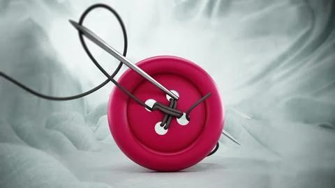 Sewing needle, string and red button on white cloth. 3D illustration Stock Illustration