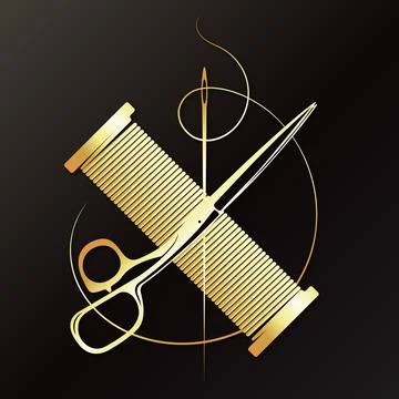 Sewing needle with thread and scissors gold symbol Stock Illustration