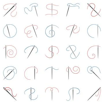 Sewing Needle with Thread outline icons set - Needlework vector symbols Illustrazione stock