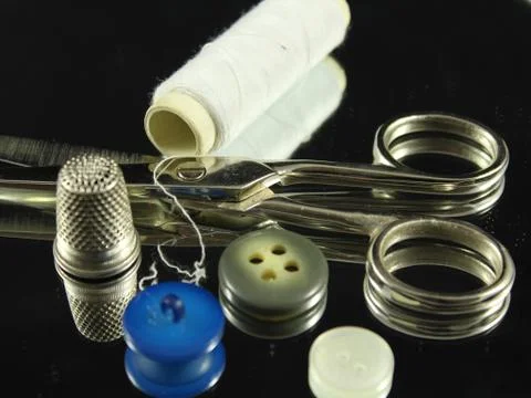 Sewing Needle thread scissors thimble tailor buttons 写真素材