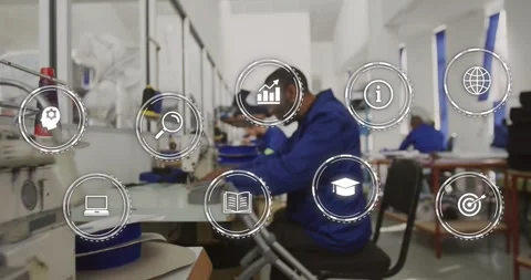 Sewing operator stitching fabric in garment shop, HUD icons appearing and Stock Footage 331063021