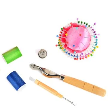 Sewing pattern. Flat lay, top view. Free space for text. 스톡 사진